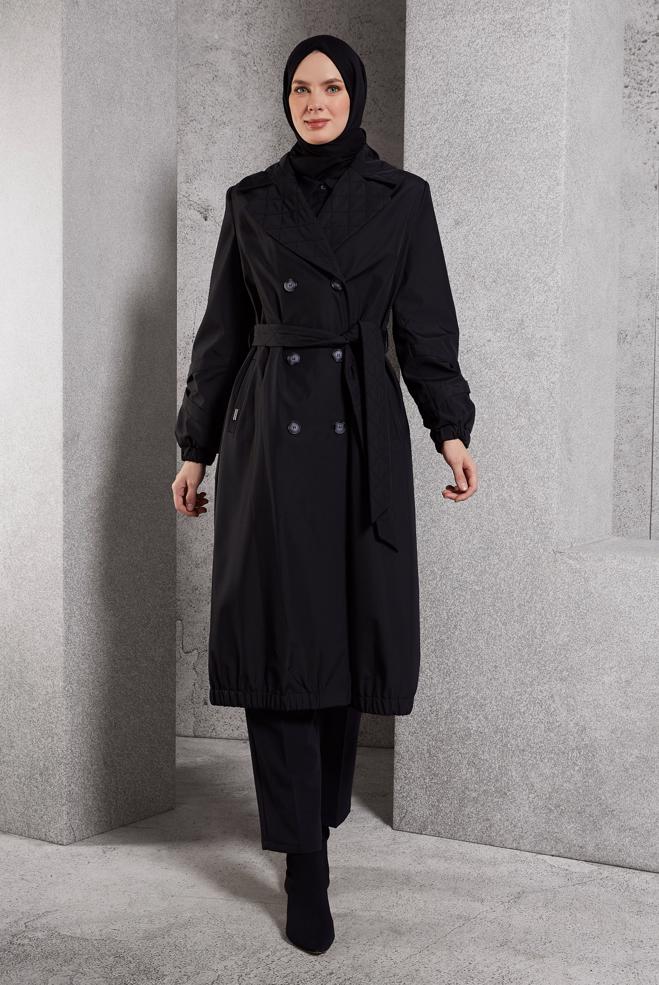 Vêtements hijab NOIR TRENCH-COAT CEINTURÉ 10915 - ALVİNA