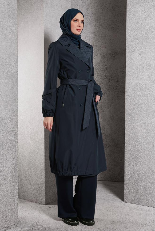 Vêtements hijab BLEU MARINE TRENCH-COAT CEINTURÉ 10915 - ALVİNA