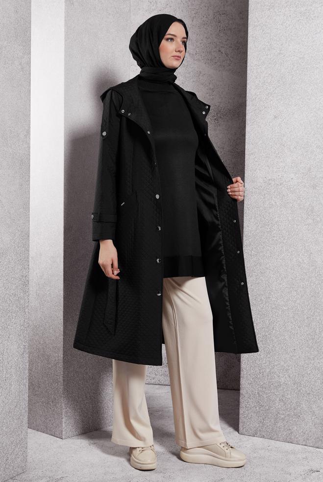 Hijab clothing BLACK BELTED QUILTED TRENCH COAT 10916 - ALVİNA