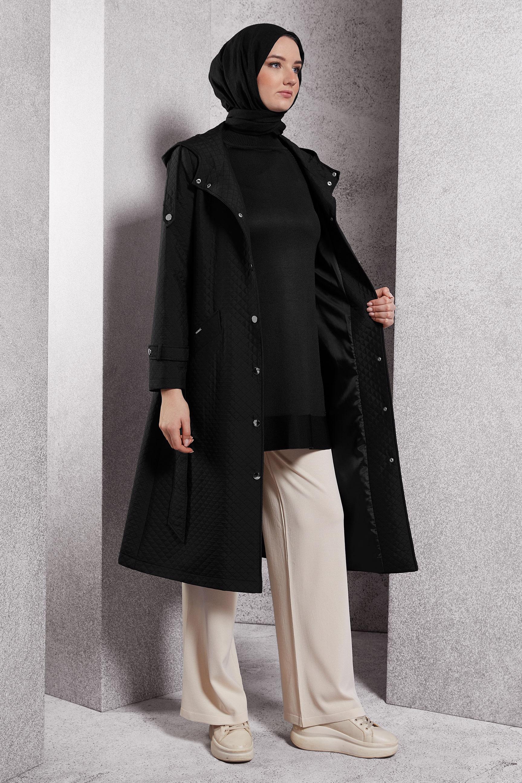 Hijab clothing BLACK BELTED QUILTED TRENCH COAT 10916