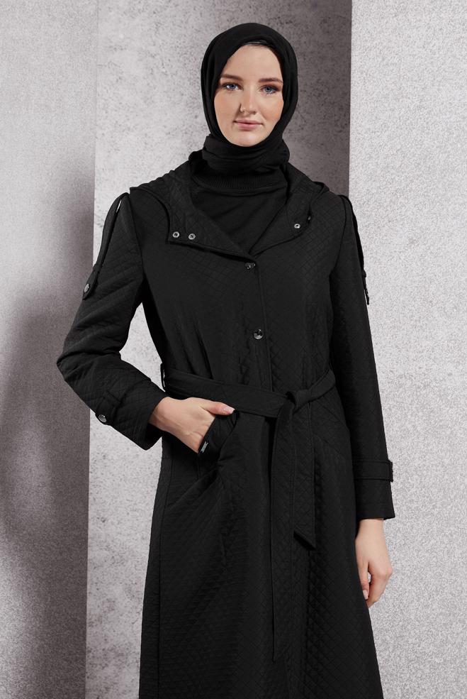 Hijab clothing BLACK BELTED QUILTED TRENCH COAT 10916 - ALVİNA
