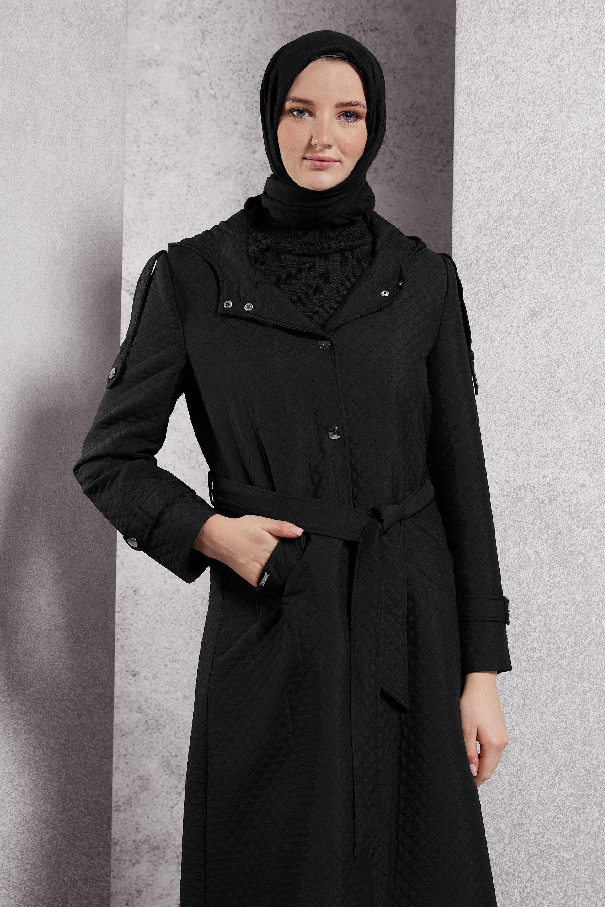 Hijab clothing BLACK BELTED QUILTED TRENCH COAT 10916