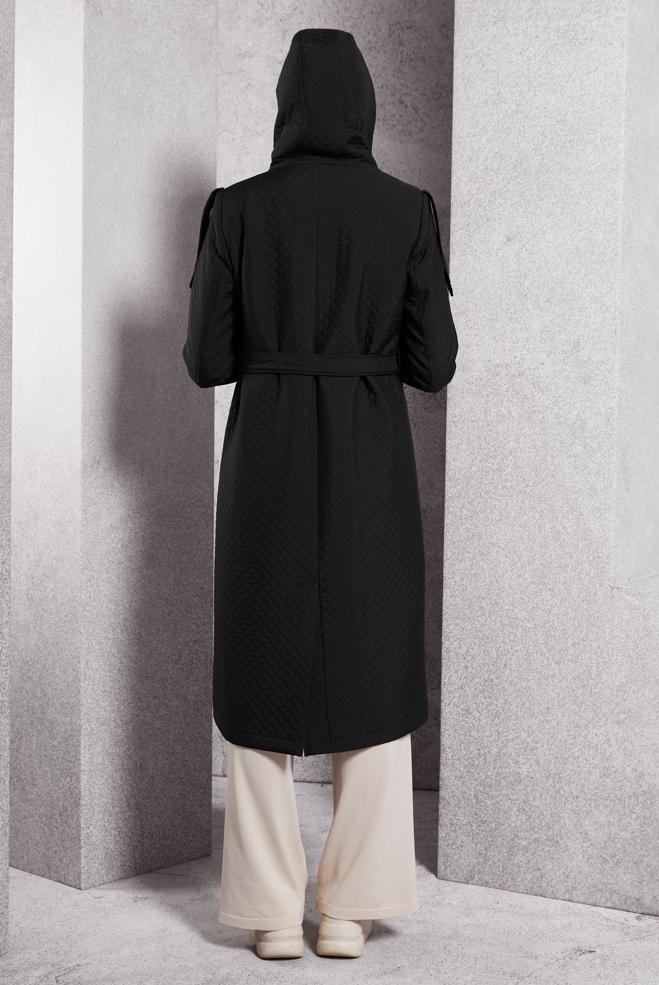 Hijab clothing BLACK BELTED QUILTED TRENCH COAT 10916 - ALVİNA