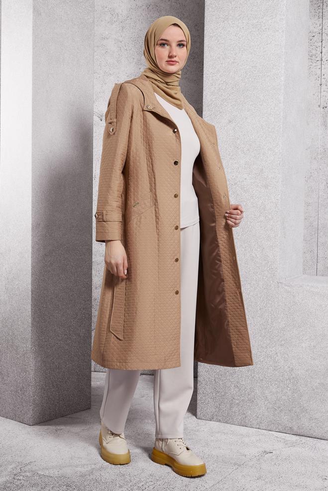 Hijab clothing BROWN BELTED QUILTED TRENCH COAT 10916 - ALVİNA