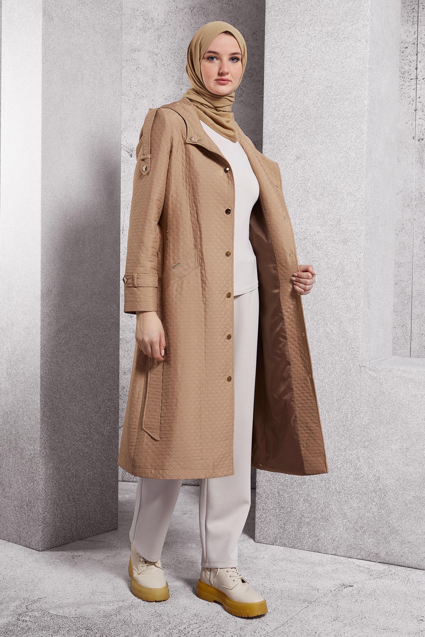Hijab clothing BROWN BELTED QUILTED TRENCH COAT 10916