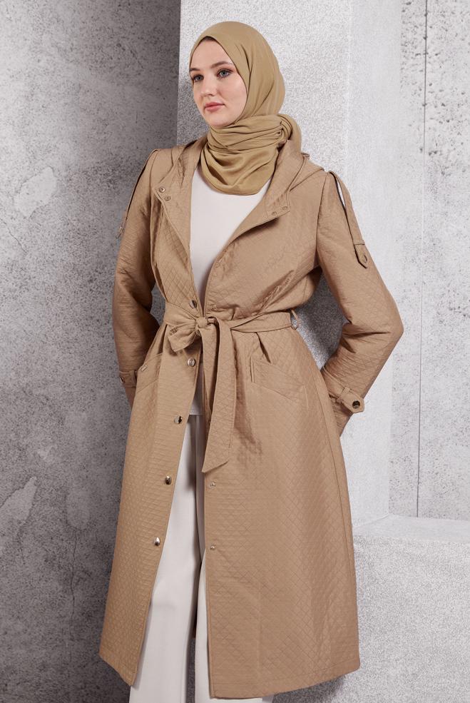 Hijab clothing BROWN BELTED QUILTED TRENCH COAT 10916 - ALVİNA