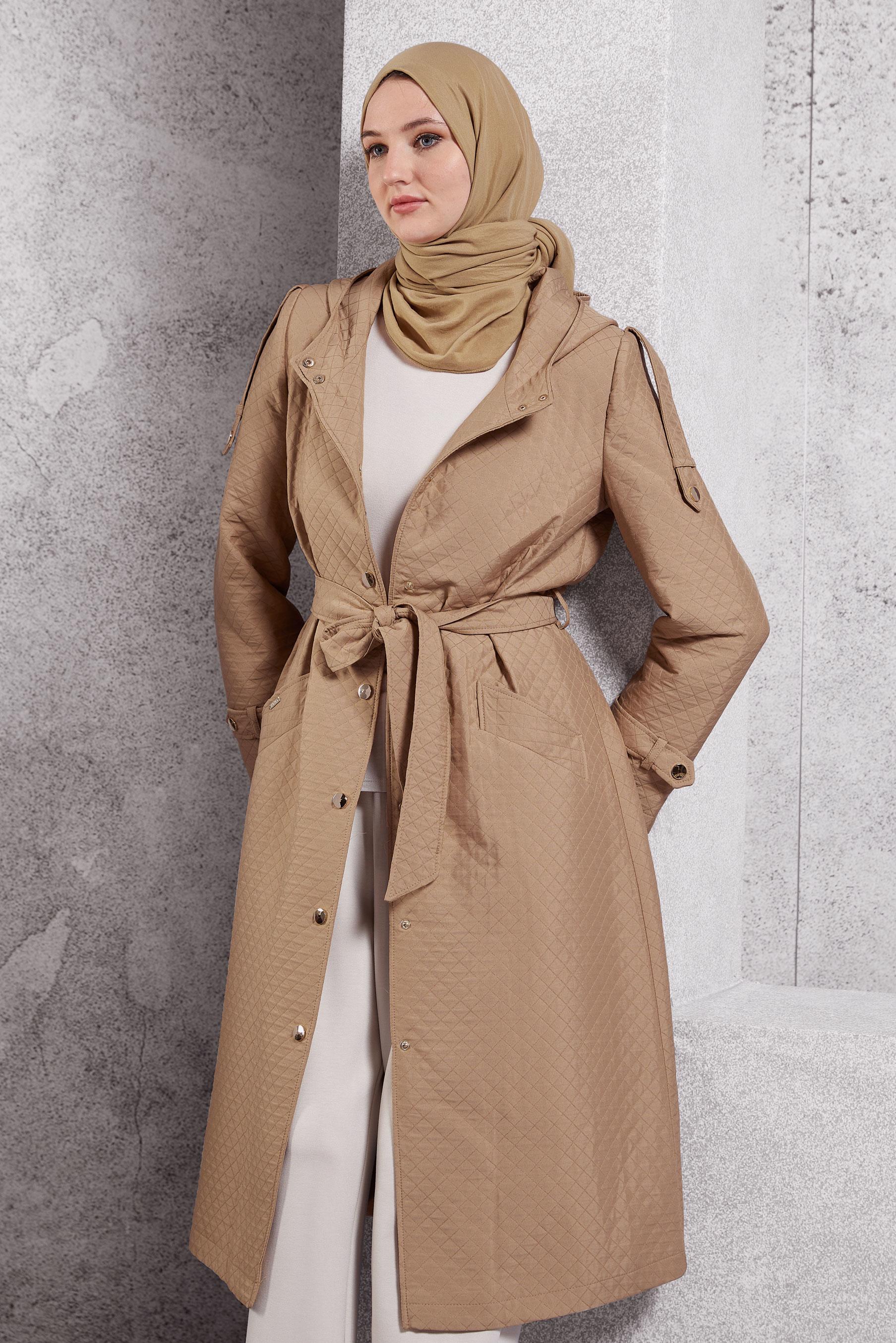 Hijab clothing BROWN BELTED QUILTED TRENCH COAT 10916
