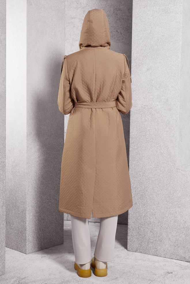 Hijab clothing BROWN BELTED QUILTED TRENCH COAT 10916 - ALVİNA