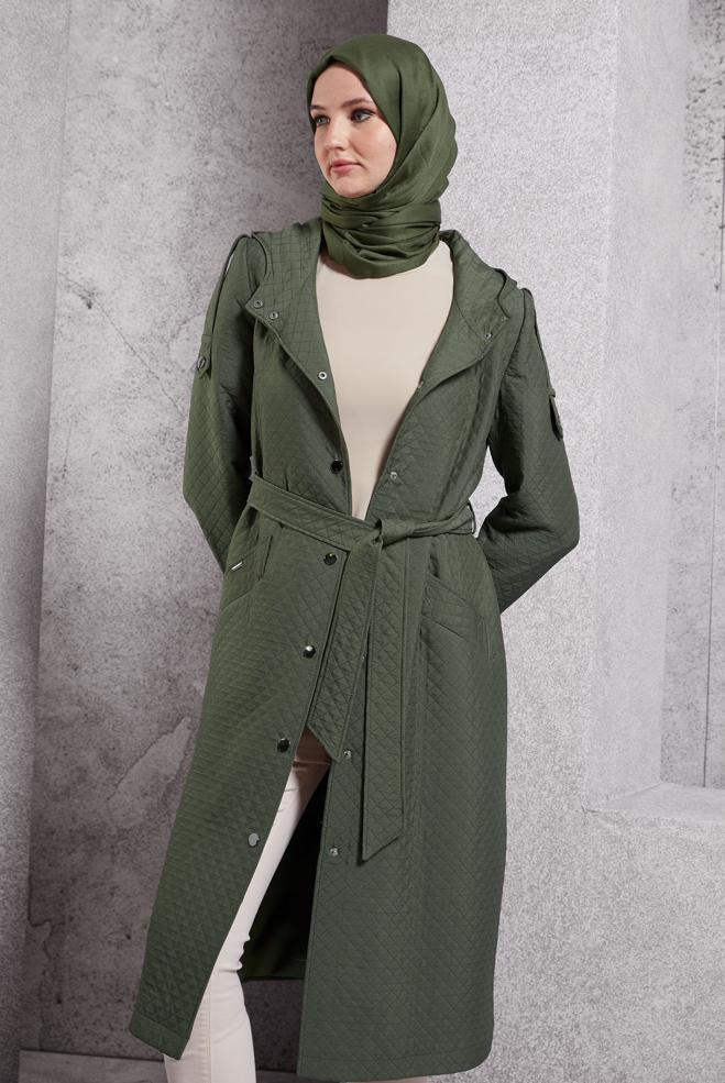 Hijab clothing KHAKI BELTED QUILTED TRENCH COAT 10916 - ALVİNA