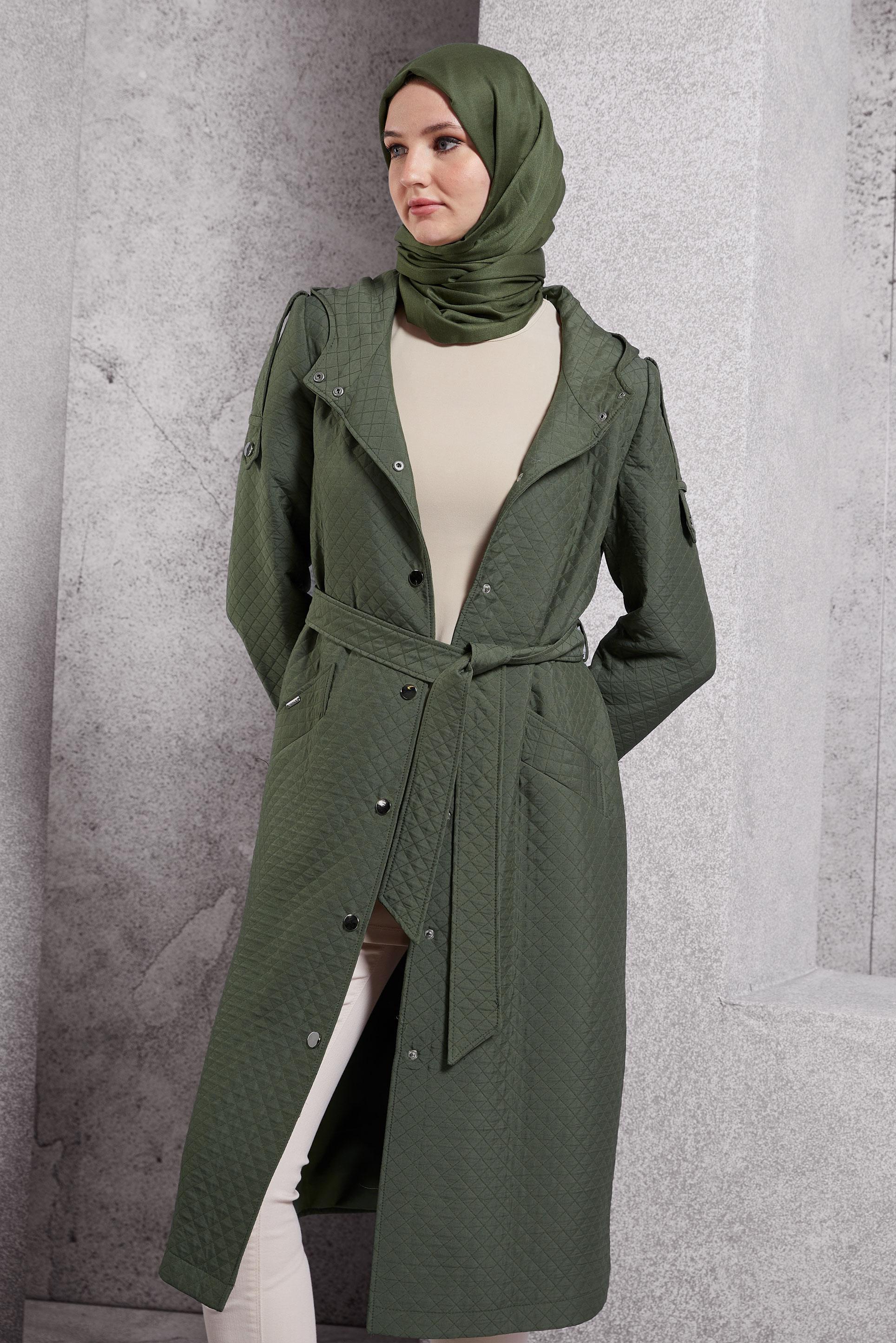 Hijab clothing KHAKI BELTED QUILTED TRENCH COAT 10916