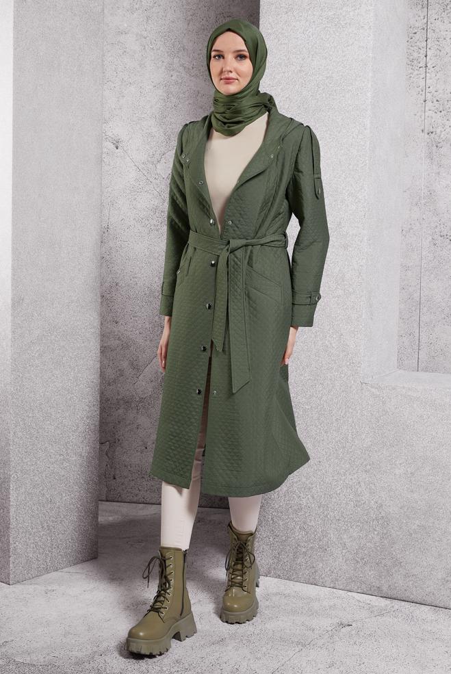 Hijab clothing KHAKI BELTED QUILTED TRENCH COAT 10916 - ALVİNA