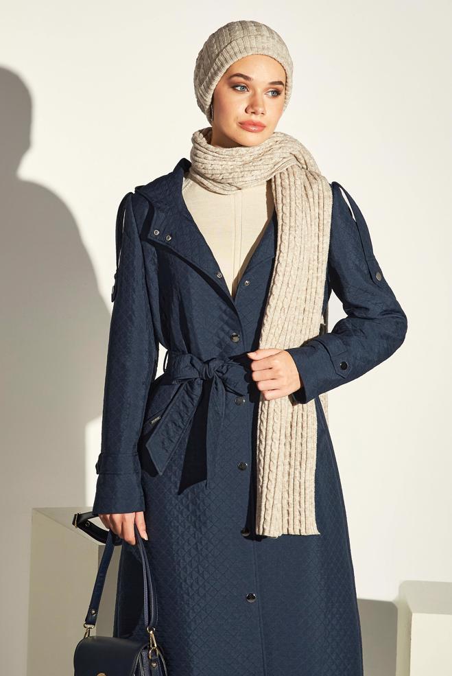 Hijab clothing NAVY BLUE BELTED QUILTED TRENCH COAT 10916 - ALVİNA