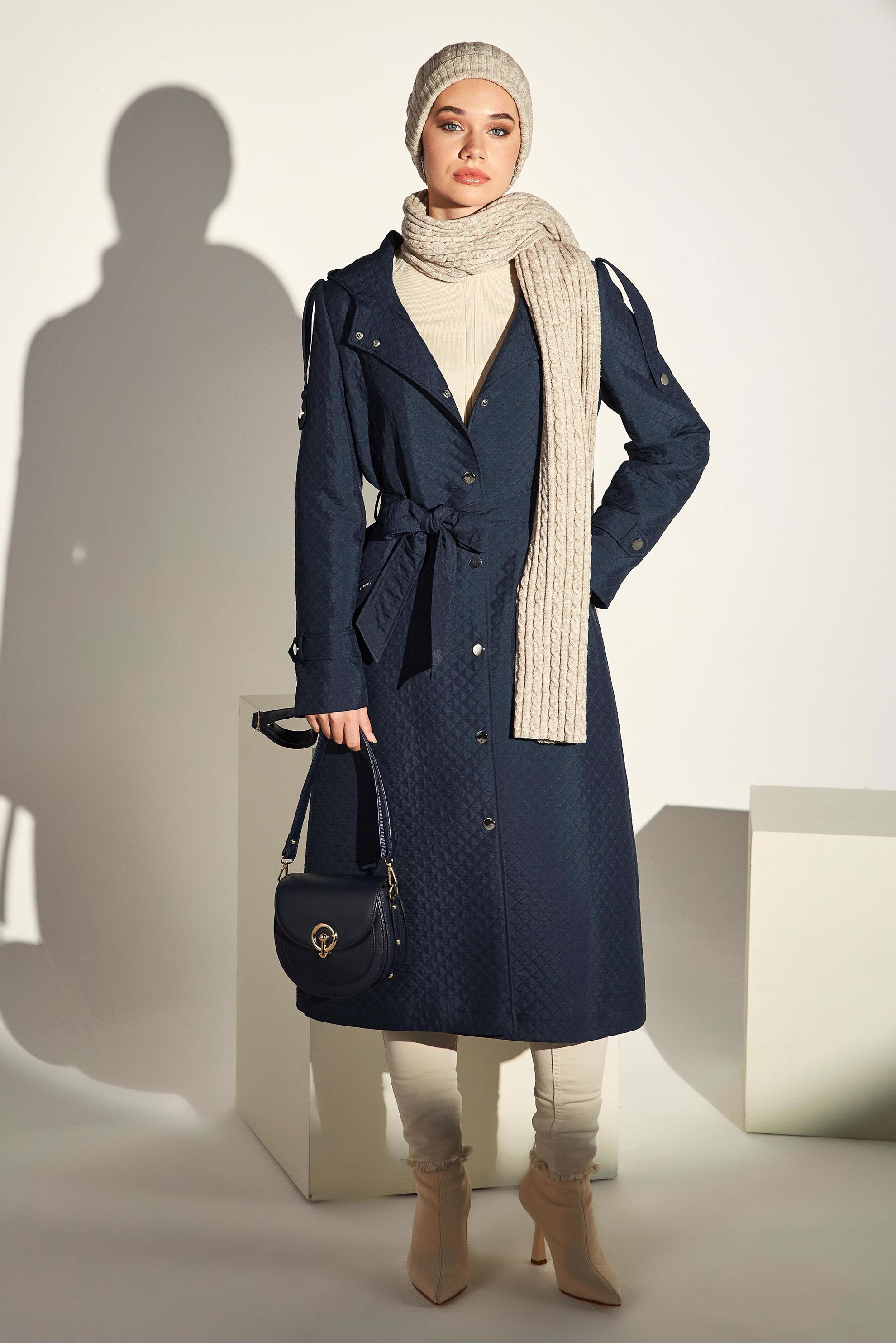 Hijab clothing NAVY BLUE BELTED QUILTED TRENCH COAT 10916