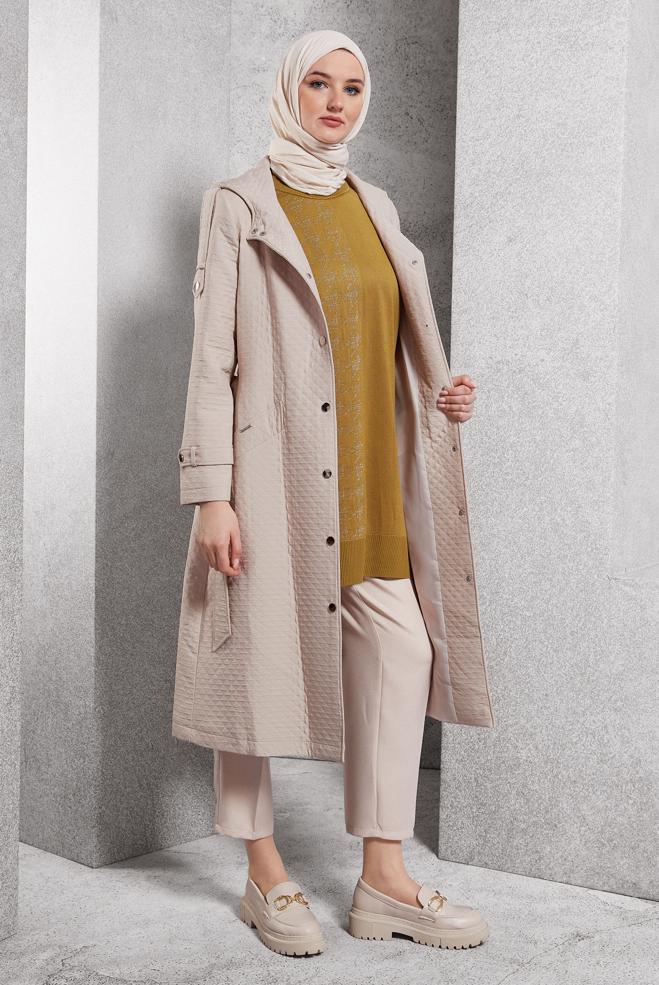 Hijab clothing BEIGE BELTED QUILTED TRENCH COAT 10916 - ALVİNA