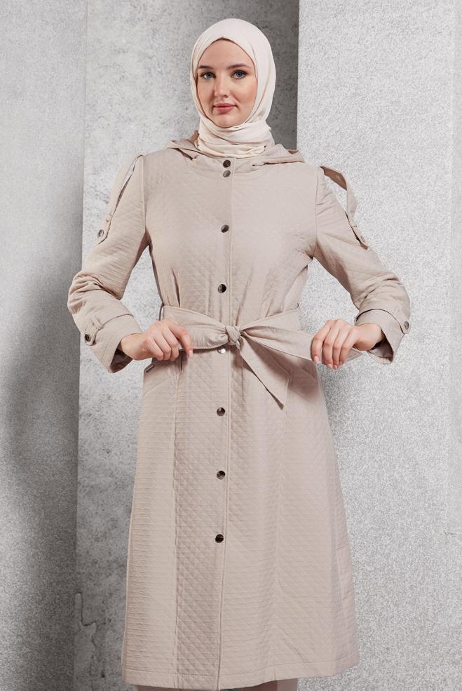 Hijab clothing BEIGE BELTED QUILTED TRENCH COAT 10916 - ALVİNA