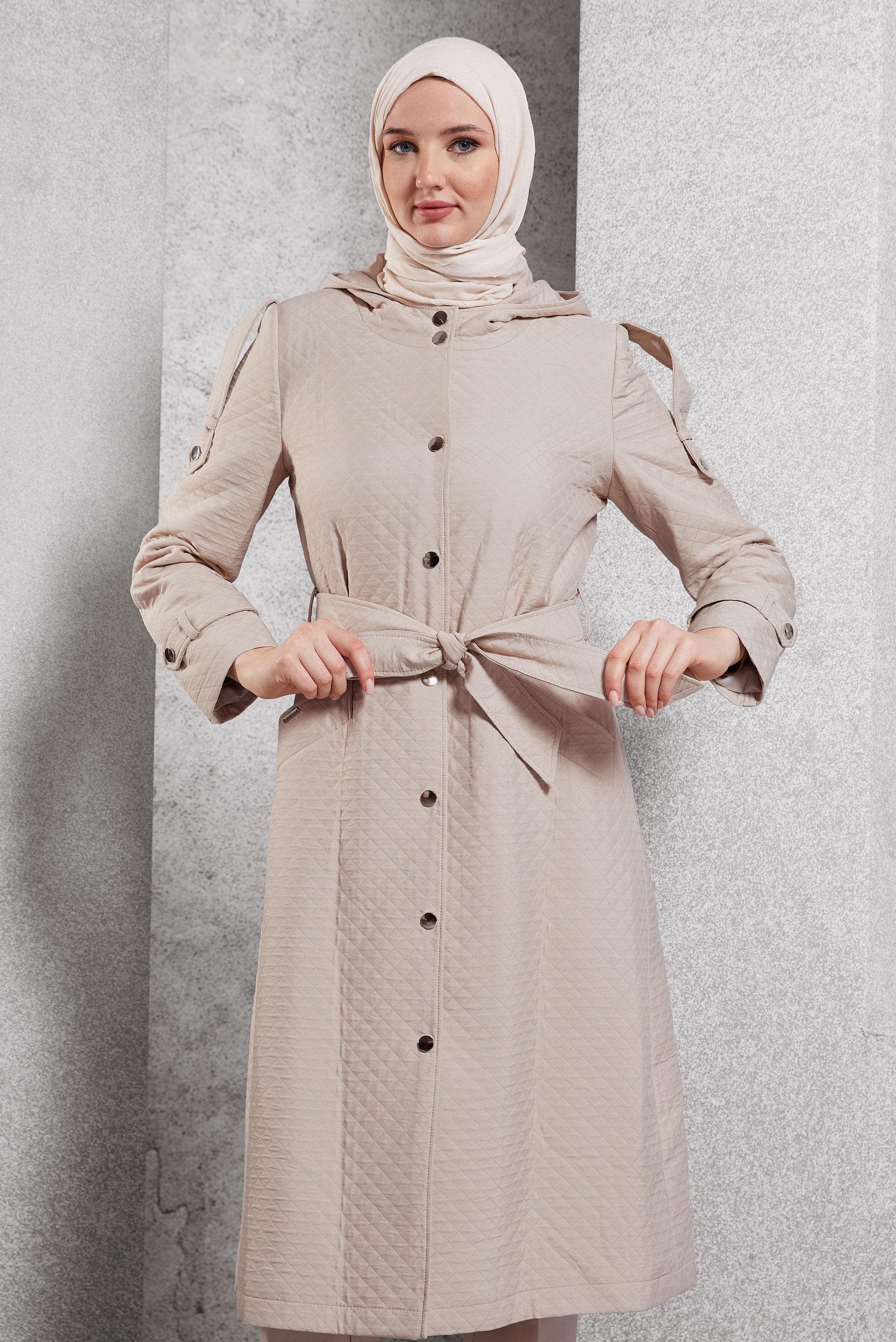Hijab clothing BEIGE BELTED QUILTED TRENCH COAT 10916