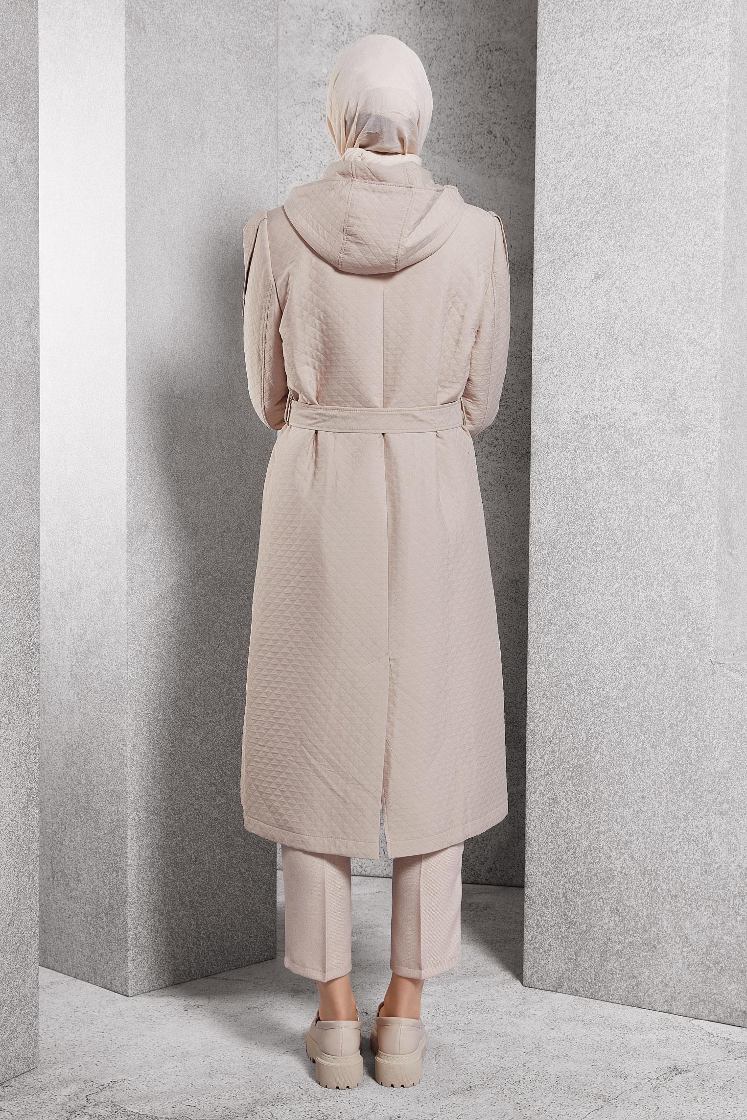 Hijab clothing BEIGE BELTED QUILTED TRENCH COAT 10916