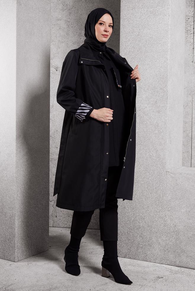 Vêtements hijab NOIR TRENCH-COAT CEINTURÉ 10917 - ALVİNA