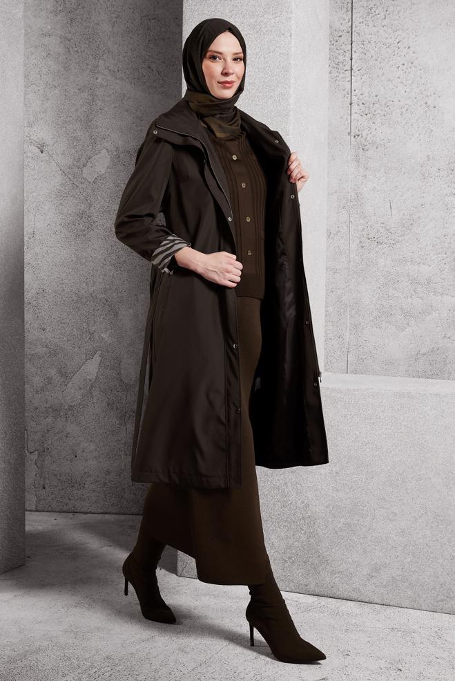 Vêtements hijab BRUN TRENCH-COAT CEINTURÉ 10917 - ALVİNA
