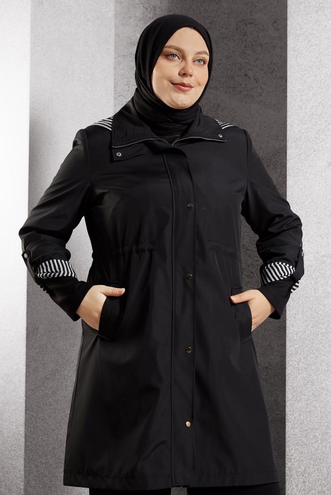 Vêtements hijab NOIR TRENCH-COAT À CAPUCHE 10918 - ALVİNA