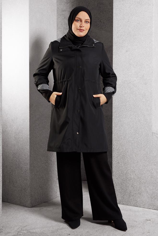 Vêtements hijab NOIR TRENCH-COAT À CAPUCHE 10918 - ALVİNA