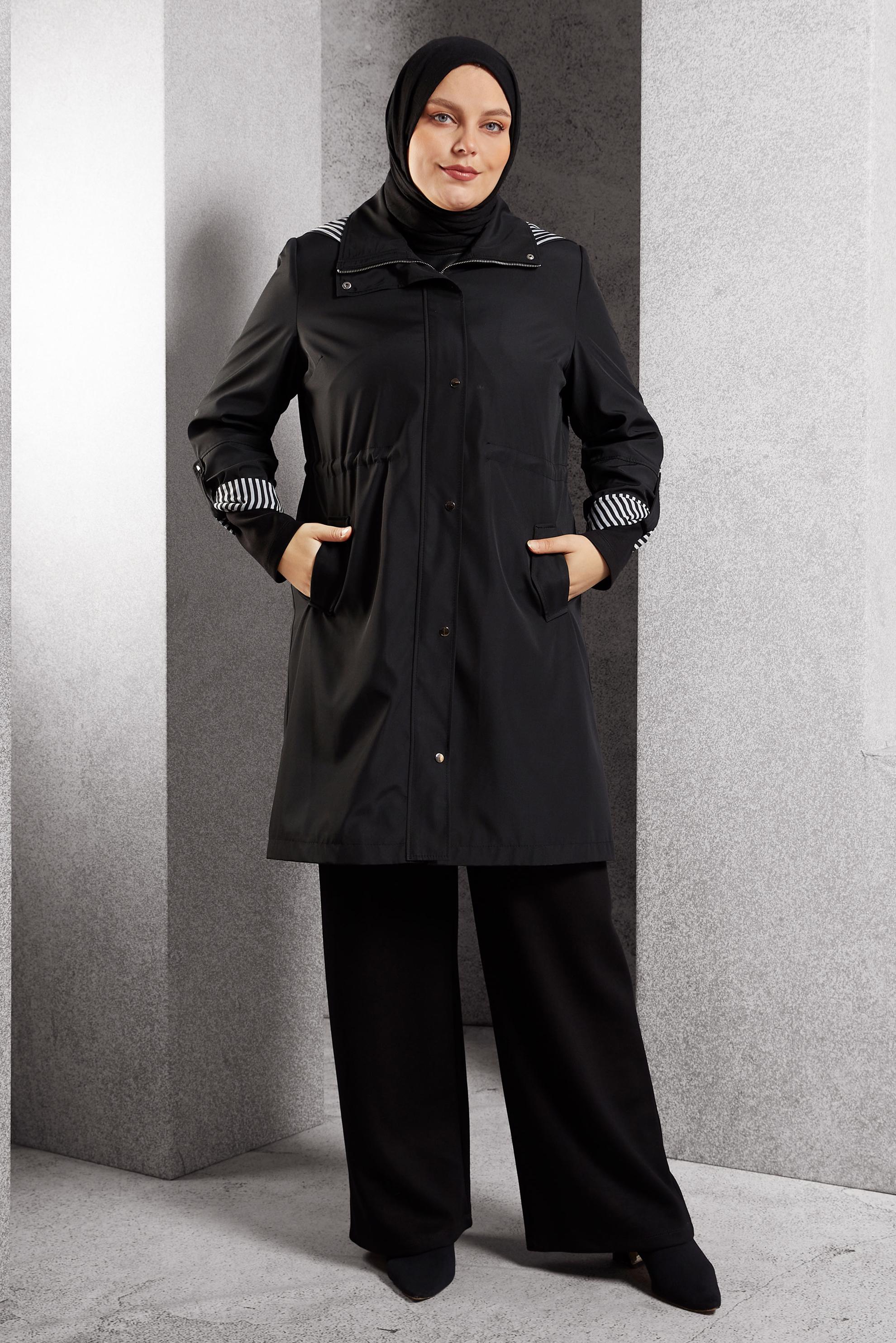 Hijab clothing BLACK HOODED TRENCH COAT 10918