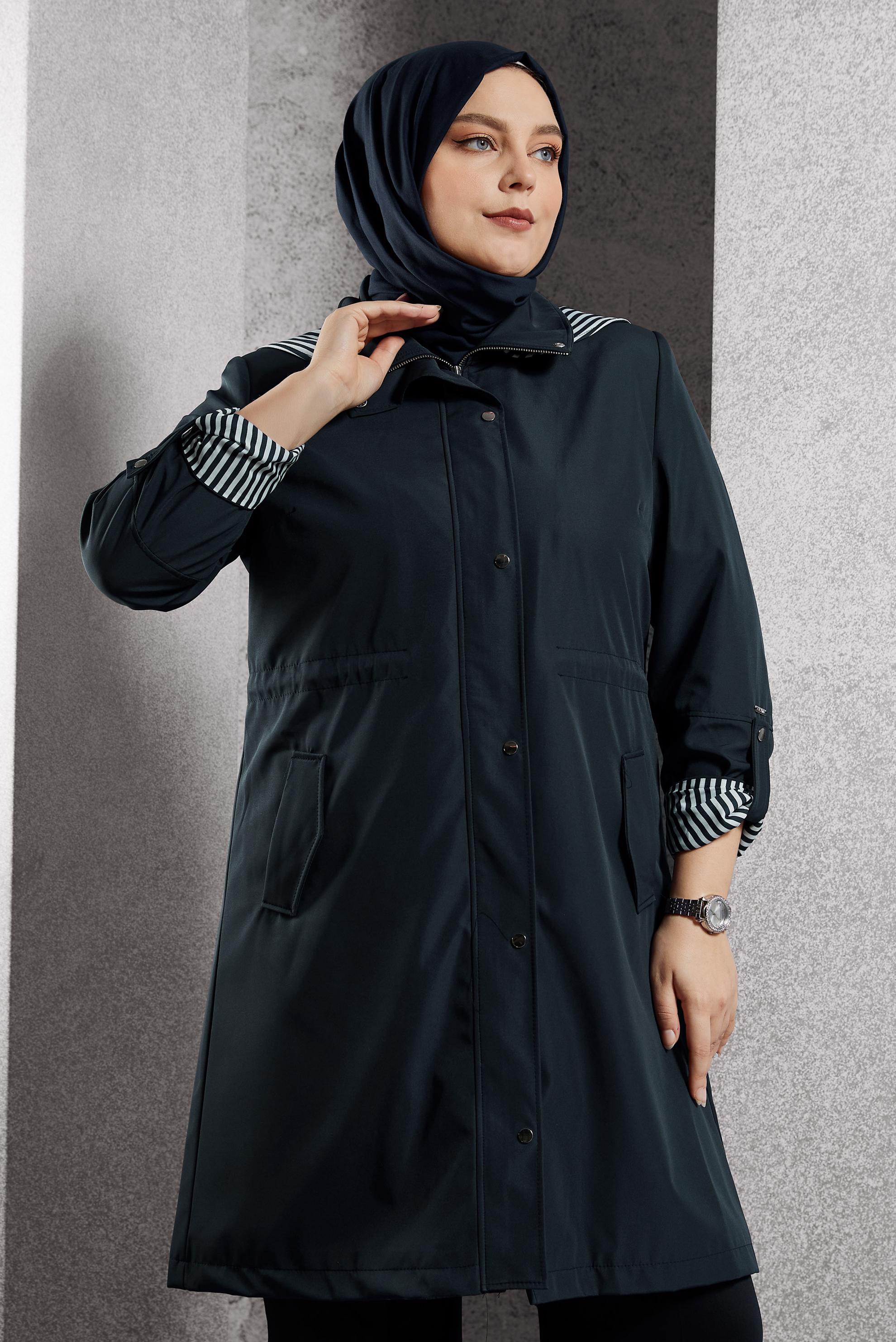 Vêtements hijab BLEU MARINE TRENCH-COAT À CAPUCHE 10918
