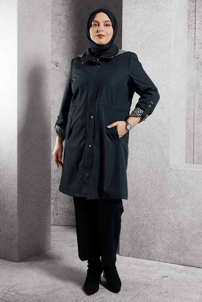 Vêtements hijab BLEU MARINE TRENCH-COAT À CAPUCHE 10918 - ALVİNA