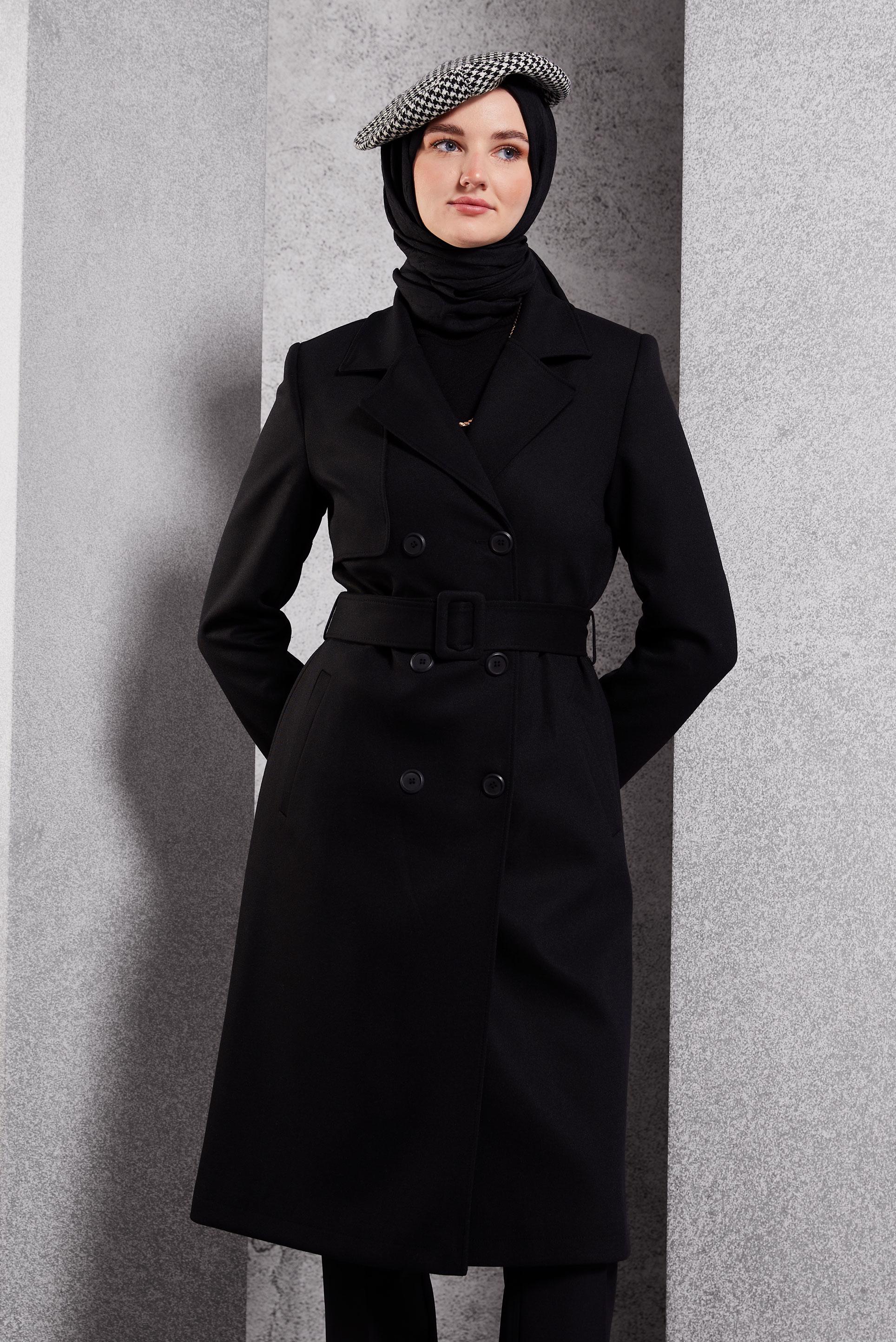 Tesettür giyim SİYAH KEMERLİ TRENÇKOT 10919