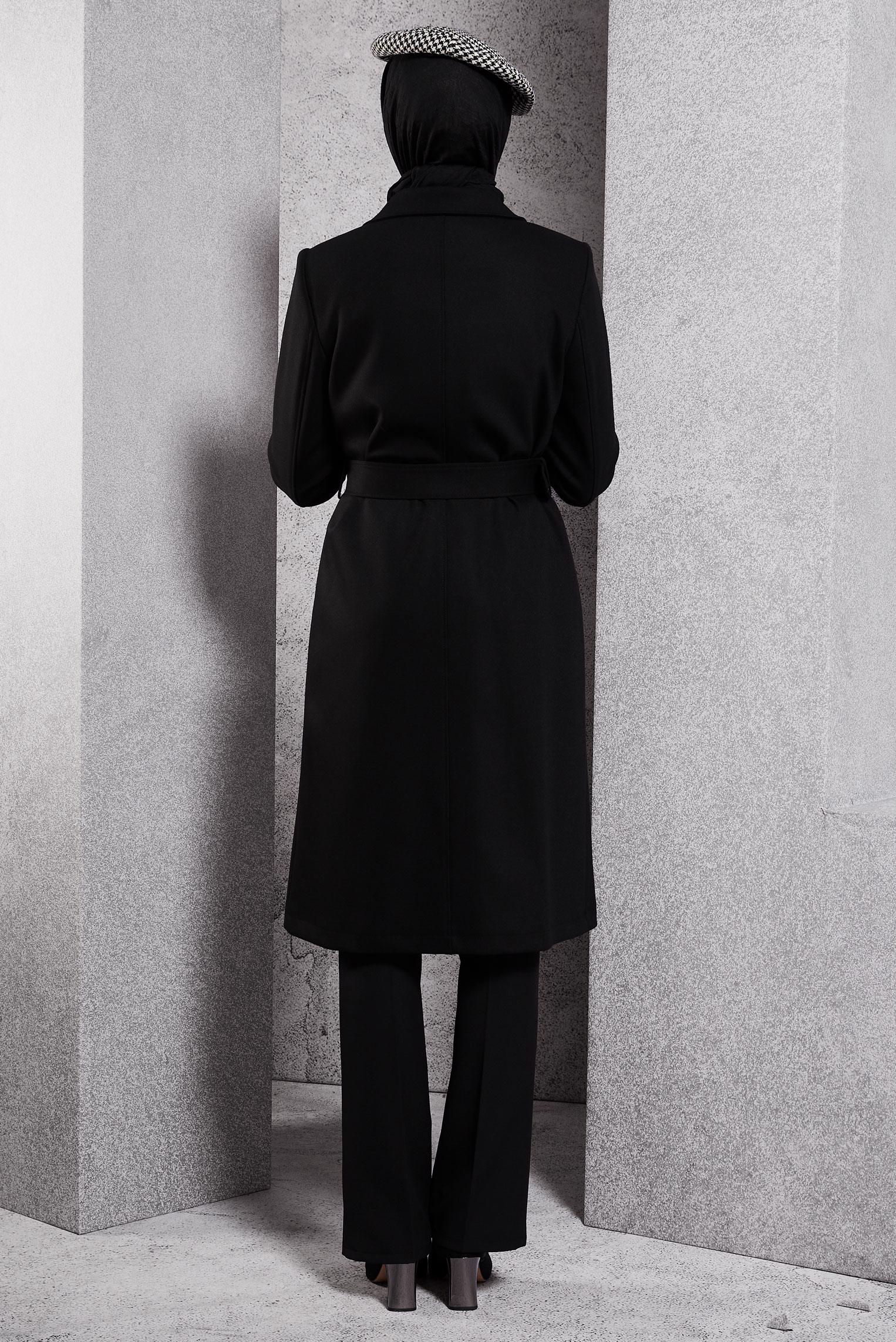 Tesettür giyim SİYAH KEMERLİ TRENÇKOT 10919