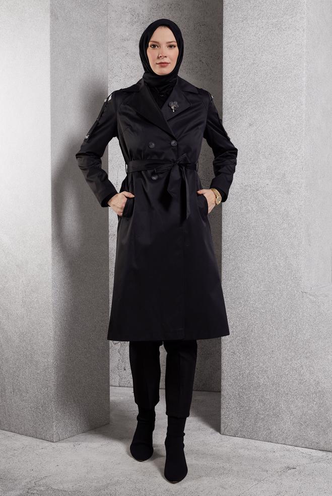Vêtements hijab NOIR TRENCH-COAT CEINTURÉ 10920 - ALVİNA