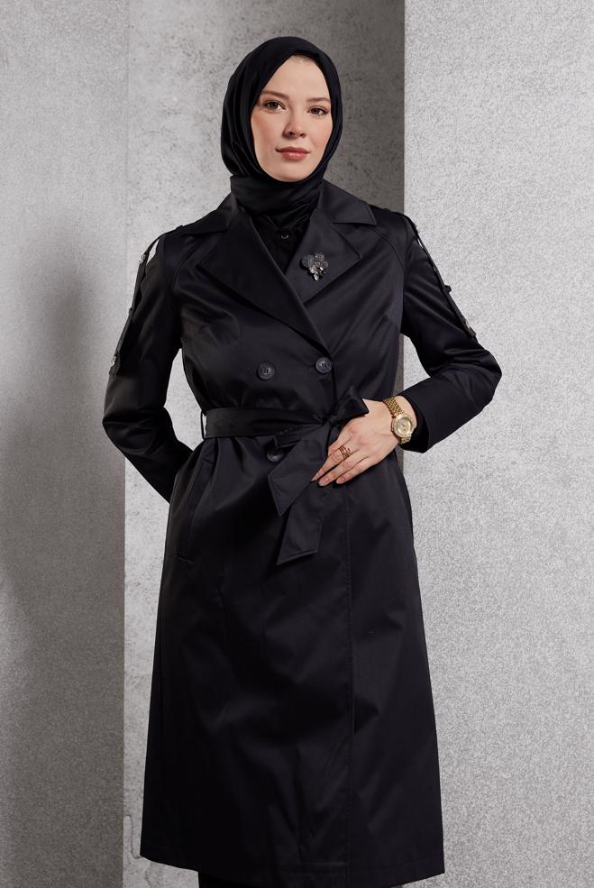 Vêtements hijab NOIR TRENCH-COAT CEINTURÉ 10920 - ALVİNA