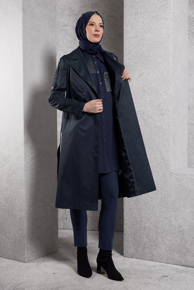 Vêtements hijab BLEU MARINE TRENCH-COAT CEINTURÉ 10920 - ALVİNA
