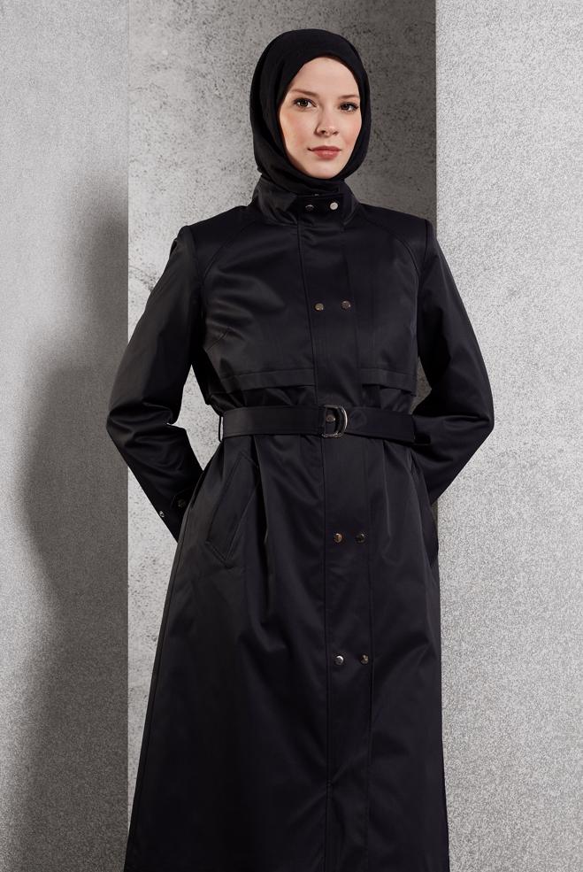 Vêtements hijab NOIR TRENCH-COAT CEINTURÉ 10921 - ALVİNA