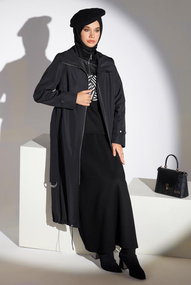 Vêtements hijab NOIR TRENCH-COAT CEINTURÉ 10923 - ALVİNA