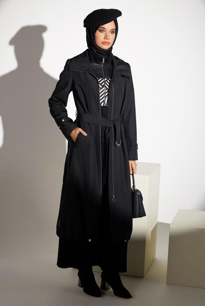 Vêtements hijab NOIR TRENCH-COAT CEINTURÉ 10923 - ALVİNA