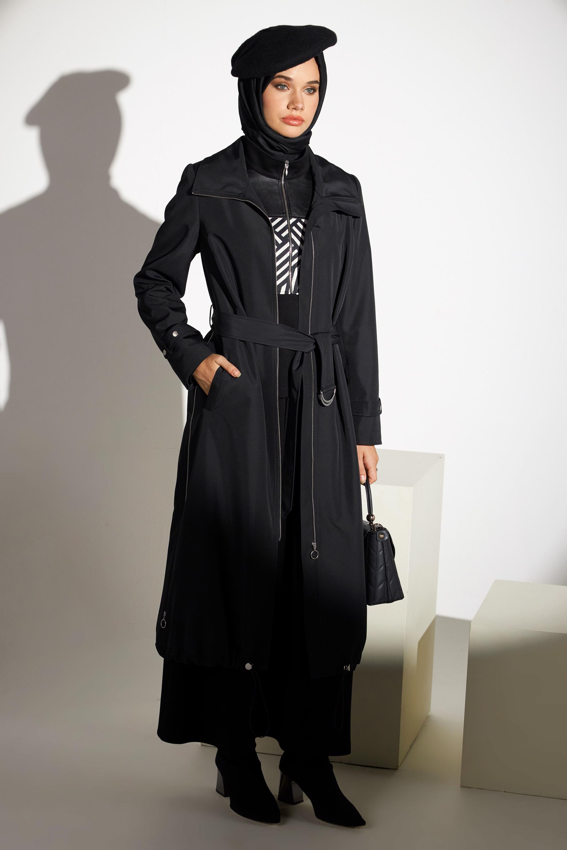 Tesettür giyim SİYAH KEMERLİ TRENÇKOT 10923