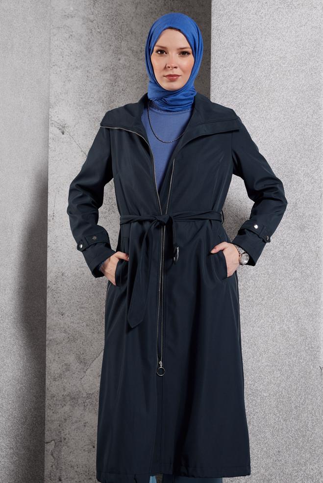 Vêtements hijab BLEU MARINE TRENCH-COAT CEINTURÉ 10923 - ALVİNA