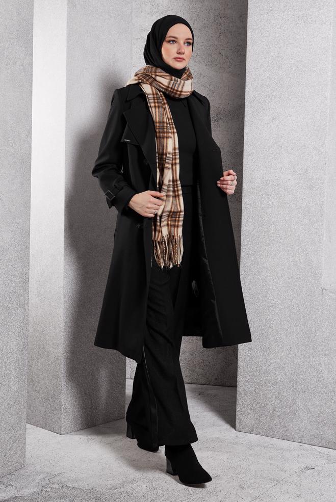 Hijab clothing BLACK BELTED TRENCH COAT 10924 - ALVİNA