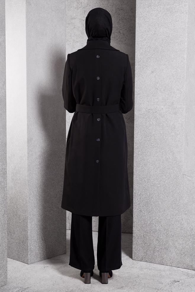Hijab clothing BLACK BELTED TRENCH COAT 10924 - ALVİNA
