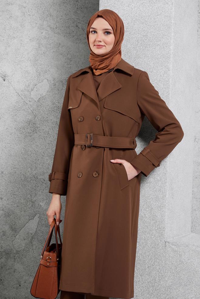 Vêtements hijab BRUN TRENCH-COAT CEINTURÉ 10924 - ALVİNA