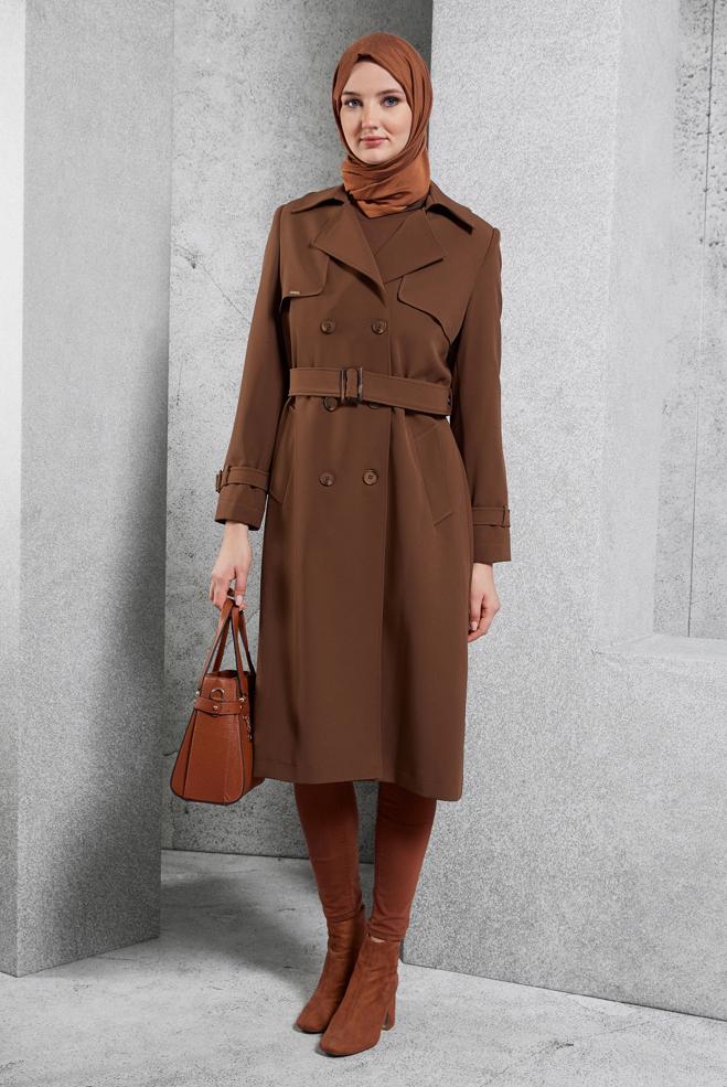 Vêtements hijab BRUN TRENCH-COAT CEINTURÉ 10924 - ALVİNA