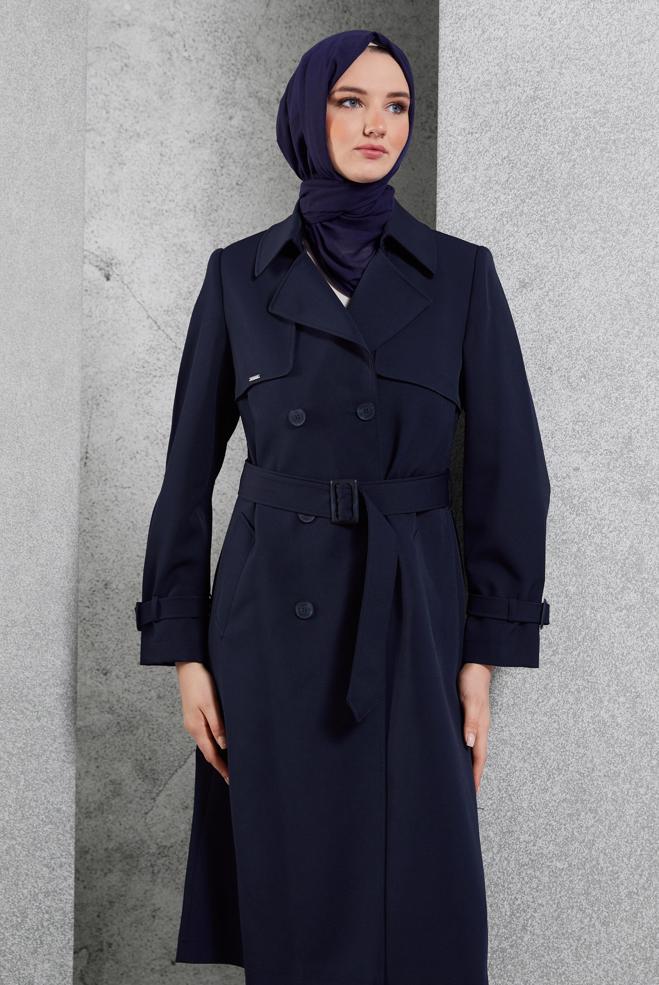 Vêtements hijab BLEU MARINE TRENCH-COAT CEINTURÉ 10924 - ALVİNA