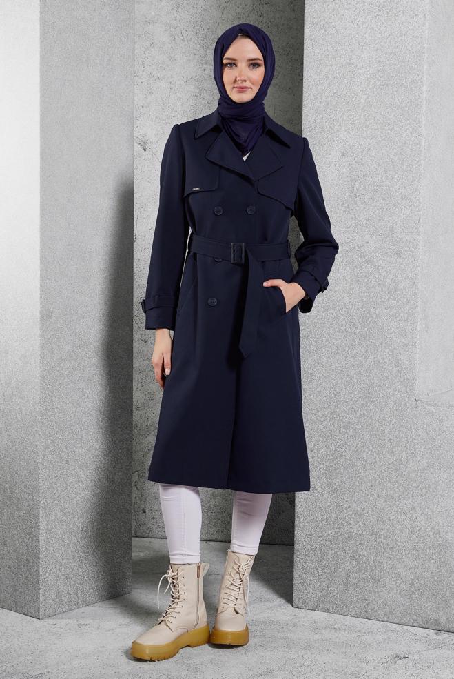 Vêtements hijab BLEU MARINE TRENCH-COAT CEINTURÉ 10924 - ALVİNA