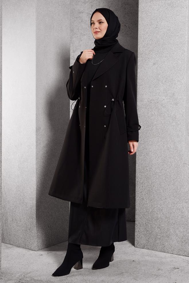 Vêtements hijab NOIR TRENCH-COAT À TAILLE SMOKING 10925 - ALVİNA