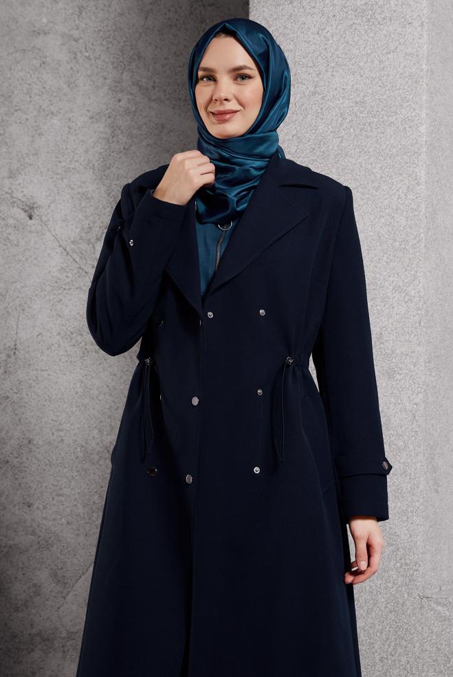Vêtements hijab BLEU MARINE TRENCH-COAT À TAILLE SMOKING 10925 - ALVİNA