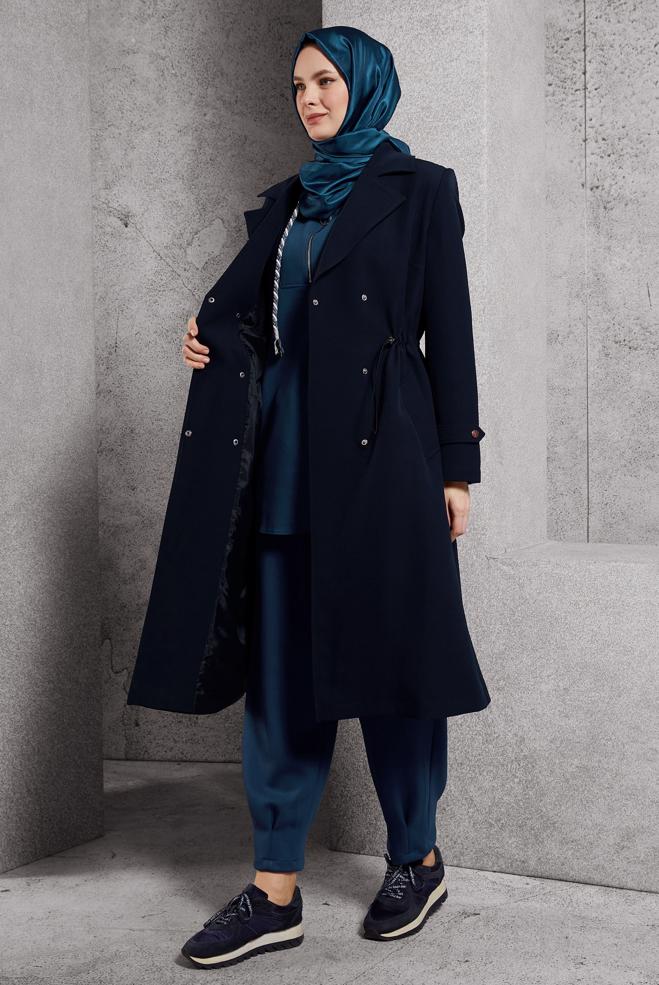 Vêtements hijab BLEU MARINE TRENCH-COAT À TAILLE SMOKING 10925 - ALVİNA