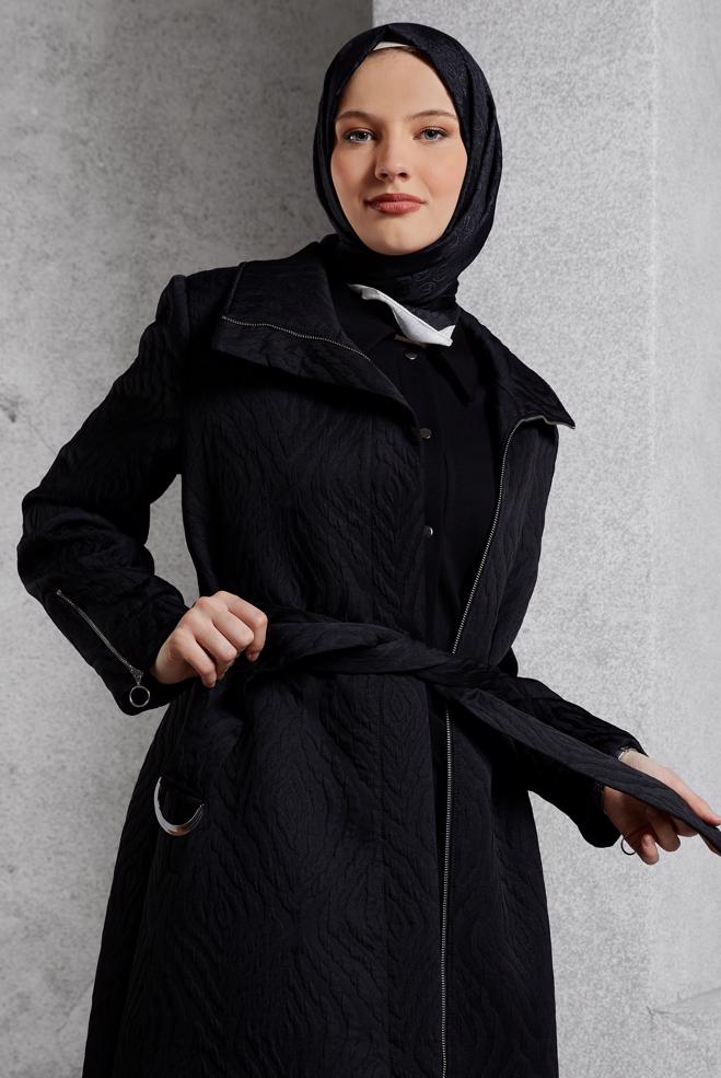 Hijab clothing BLACK BELTED TRENCH COAT 10926 - ALVİNA