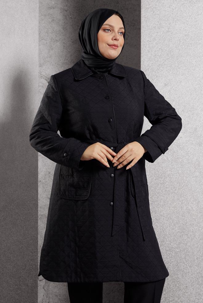 Vêtements hijab NOIR TRENCH-COAT MATELASSÉ CEINTURÉ 10927 - ALVİNA