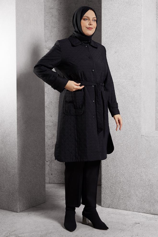 Vêtements hijab NOIR TRENCH-COAT MATELASSÉ CEINTURÉ 10927 - ALVİNA